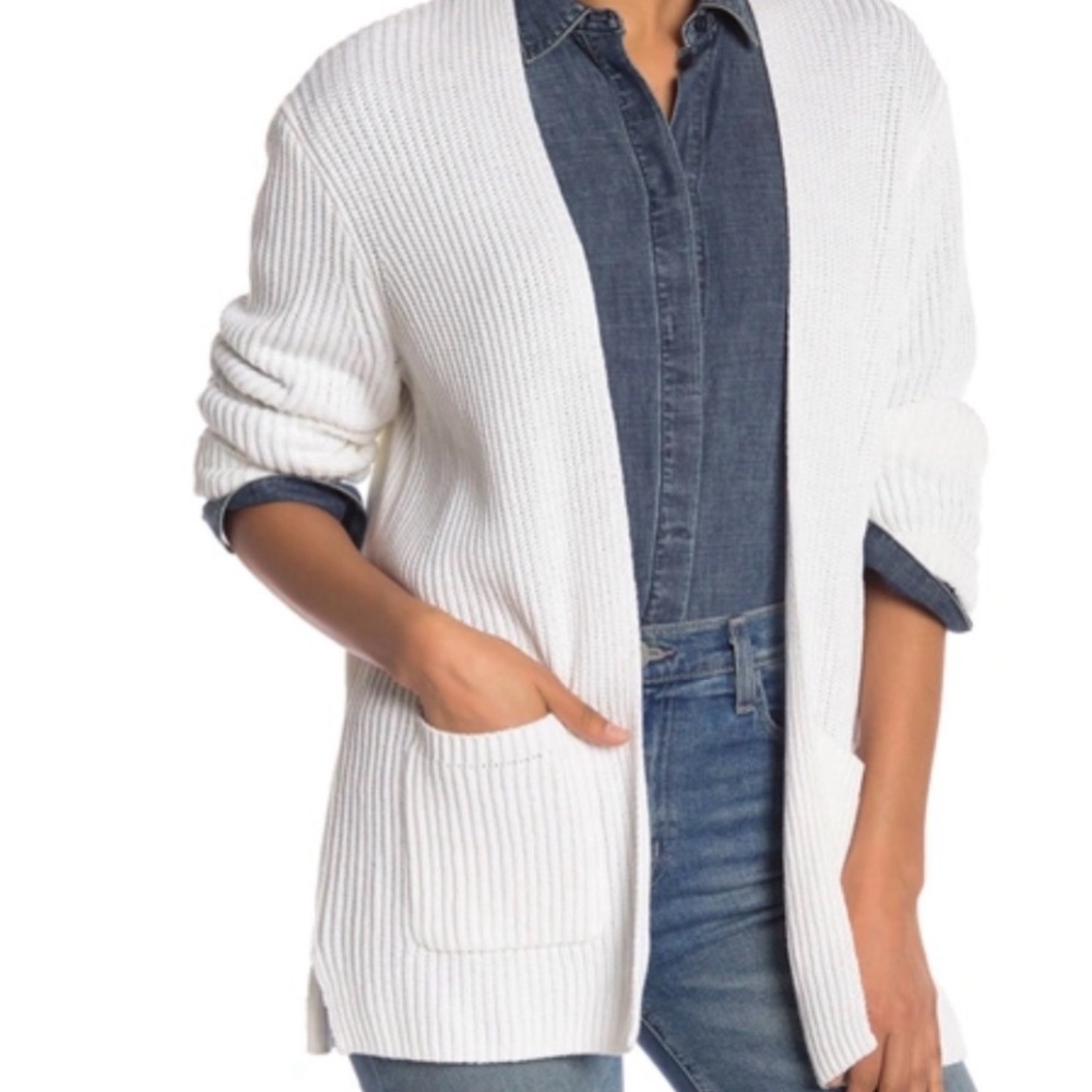 Madewell White Ribbed Knit Chunky Open Cardigan Preppy Academia Sweater Teacher